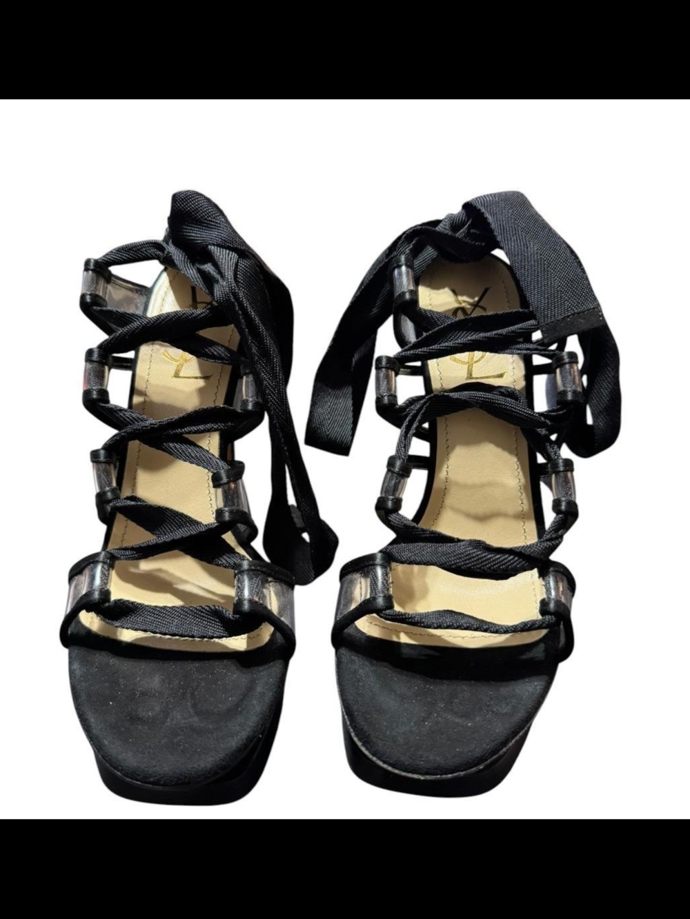 Yves Saint Laurent Black Ribbon Lace-Up Gladiator Heels